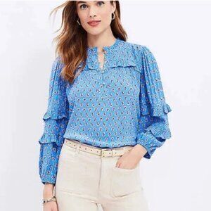 LOFT Paisley Ruffle Blue Long Sleeve Blouse
